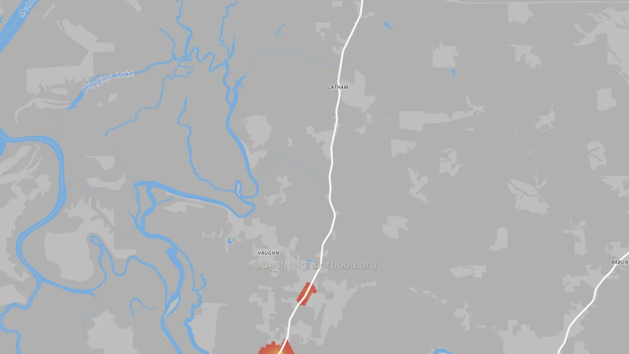 Walk Grade map of 36579, AL, walkable areas in green and car-dependent areas in red