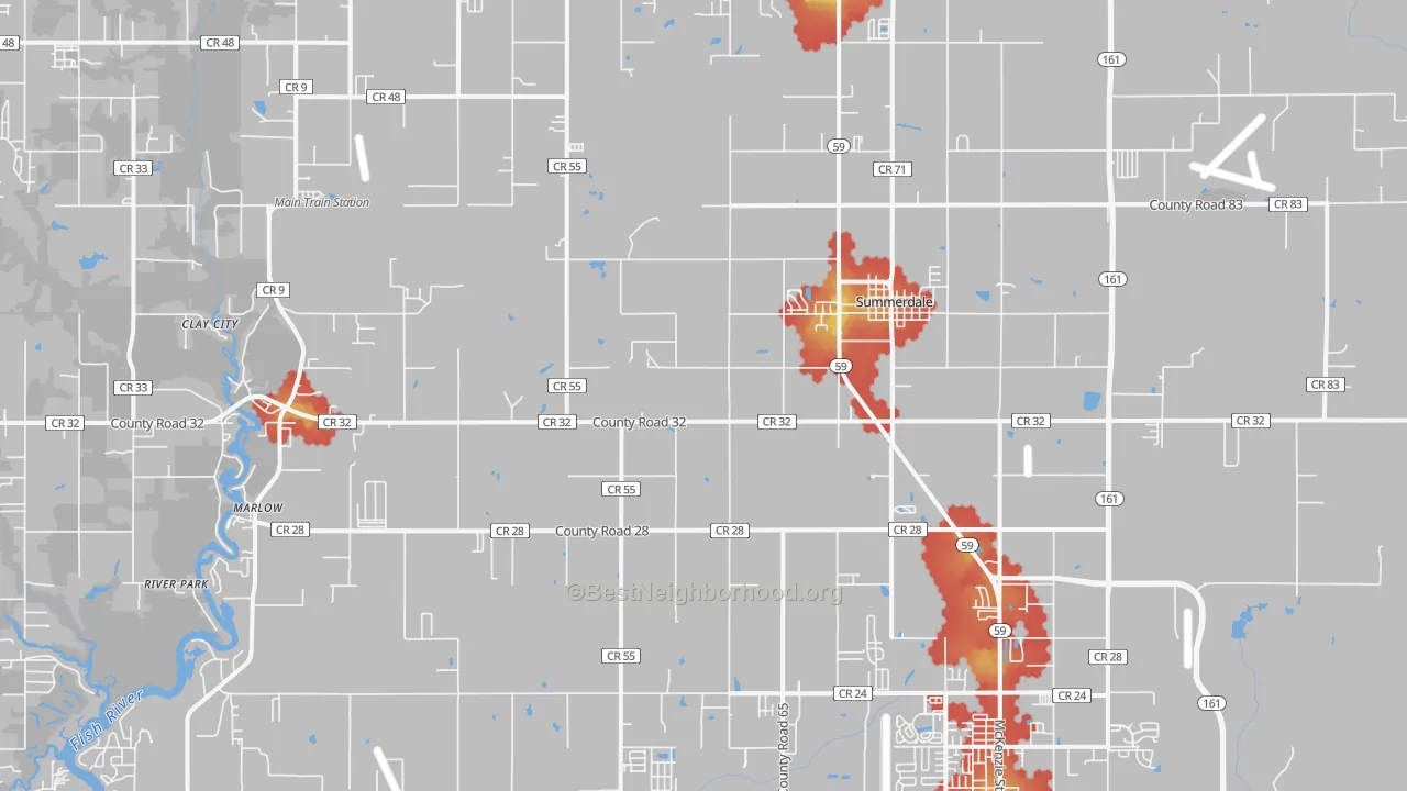 Walk Grade map of 36580, AL, walkable areas in green and car-dependent areas in red