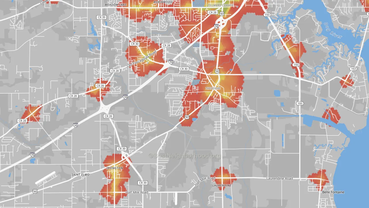 Walk Grade map of 36582, AL, walkable areas in green and car-dependent areas in red