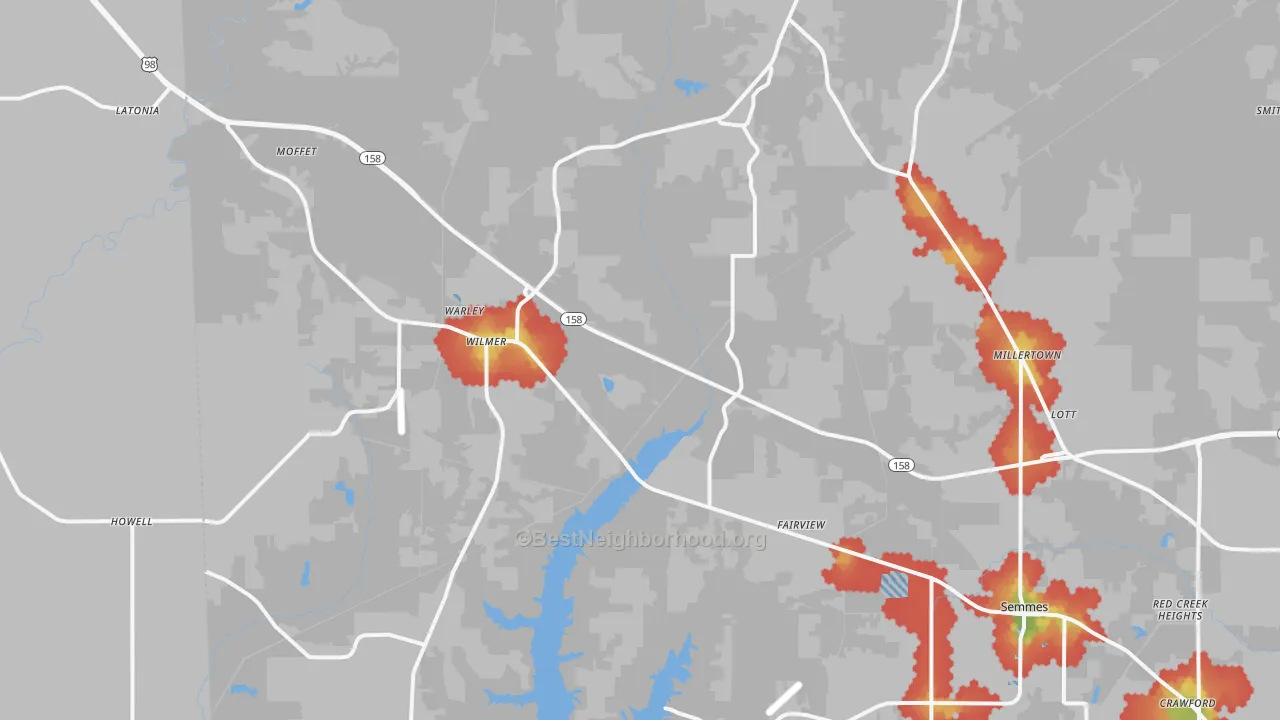 Walk Grade map of 36587, AL, walkable areas in green and car-dependent areas in red