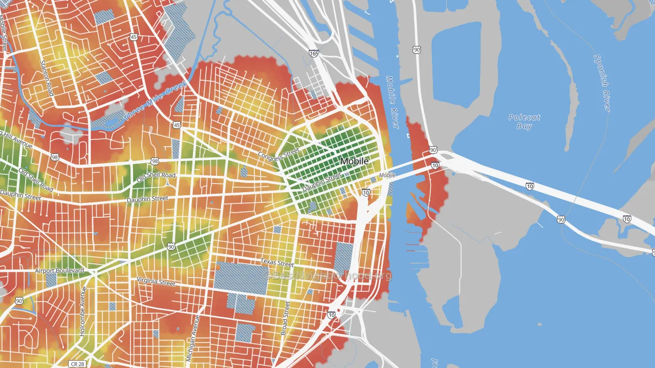 Walk Grade map of 36602, AL, walkable areas in green and car-dependent areas in red