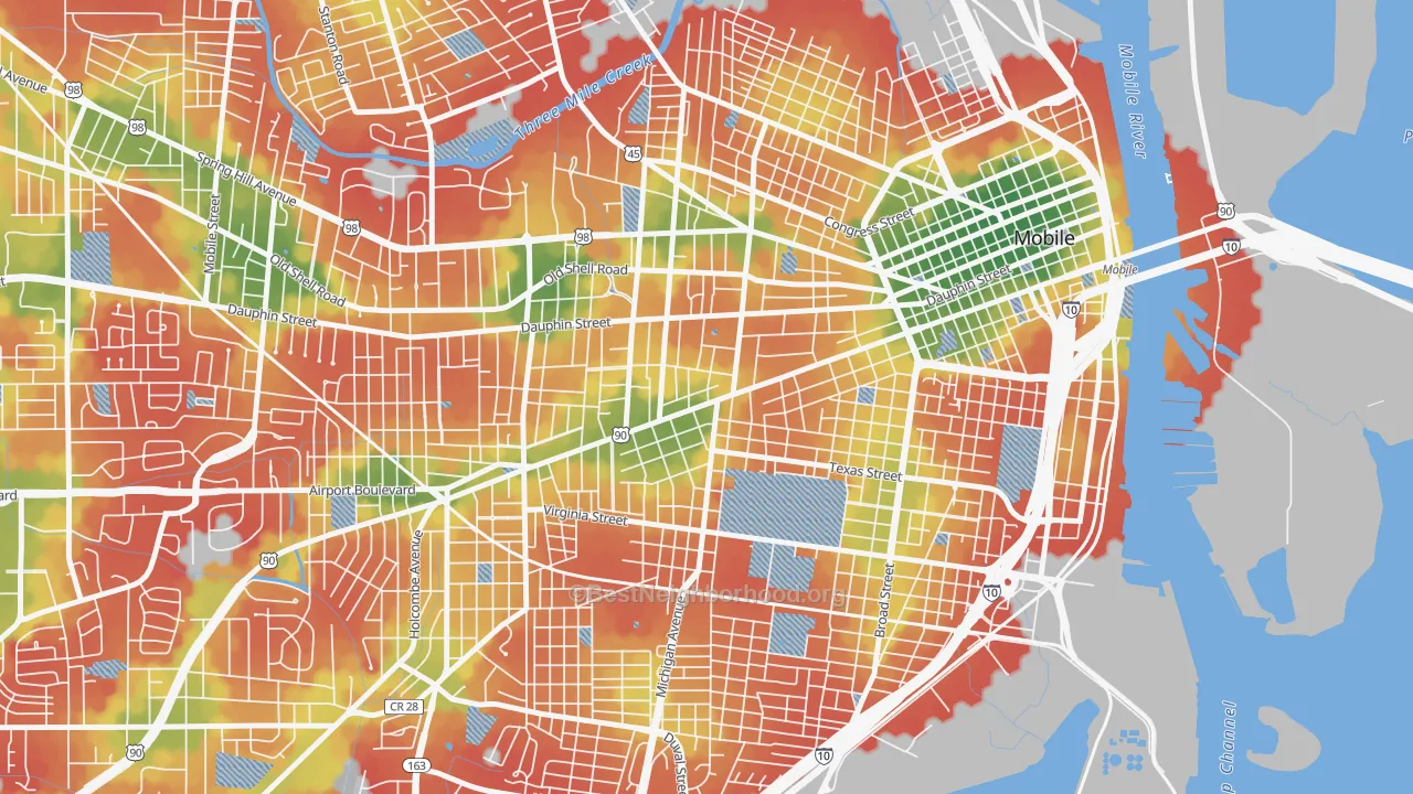 Walk Grade map of 36604, AL, walkable areas in green and car-dependent areas in red