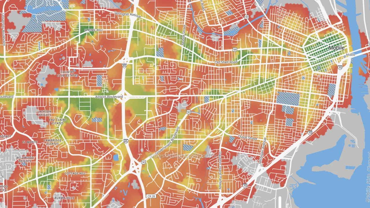 Walk Grade map of 36606, AL, walkable areas in green and car-dependent areas in red