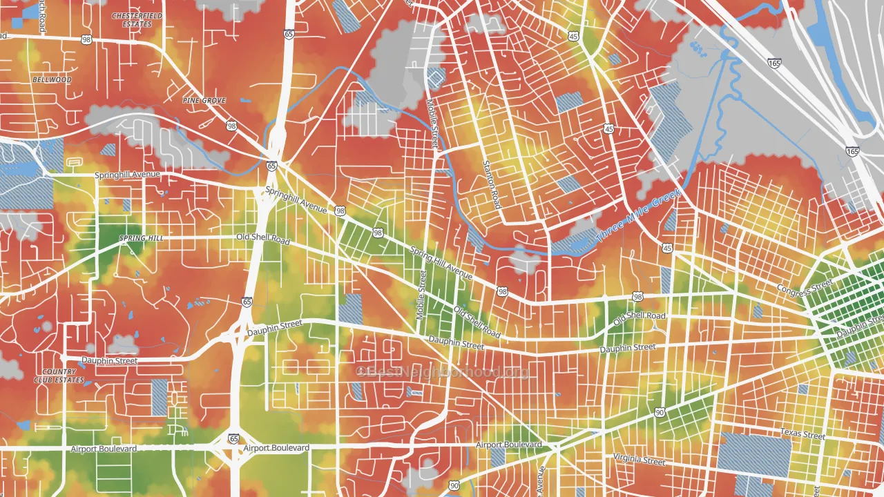Walk Grade map of 36607, AL, walkable areas in green and car-dependent areas in red