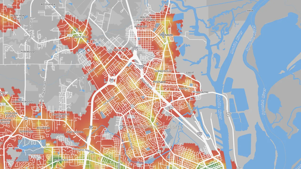 Walk Grade map of 36610, AL, walkable areas in green and car-dependent areas in red