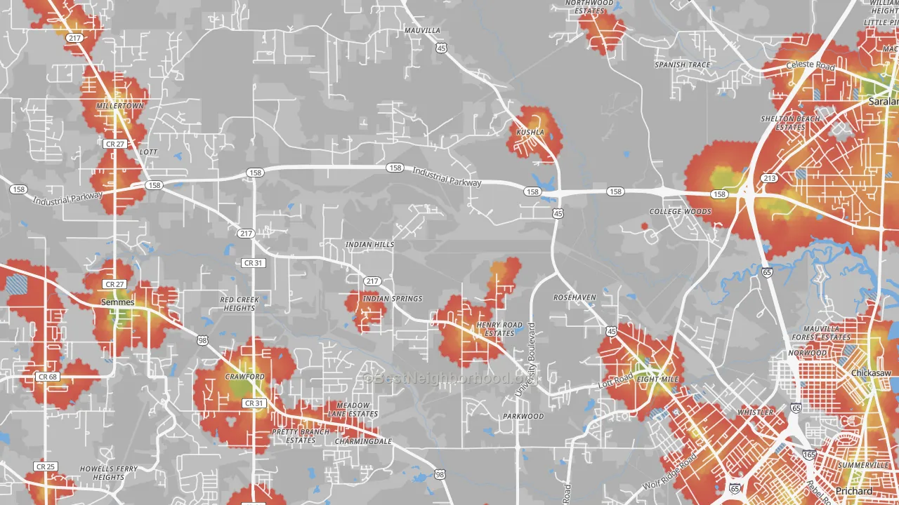 Walk Grade map of 36613, AL, walkable areas in green and car-dependent areas in red