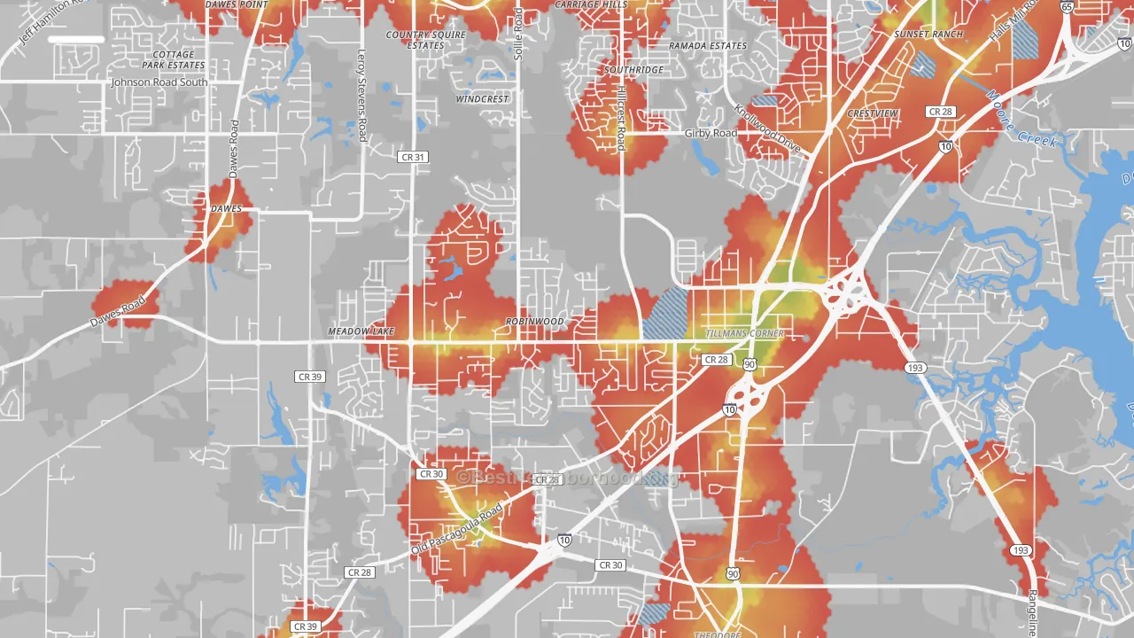 Walk Grade map of 36619, AL, walkable areas in green and car-dependent areas in red