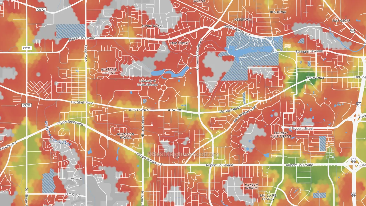 Walk Grade map of 36688, AL, walkable areas in green and car-dependent areas in red