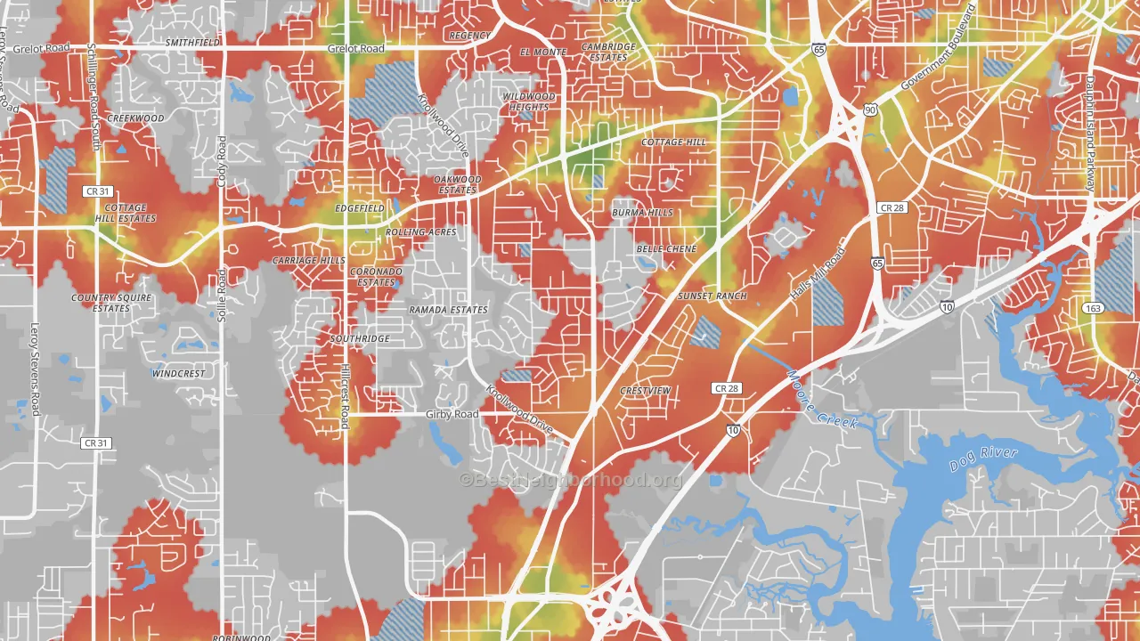 Walk Grade map of 36693, AL, walkable areas in green and car-dependent areas in red