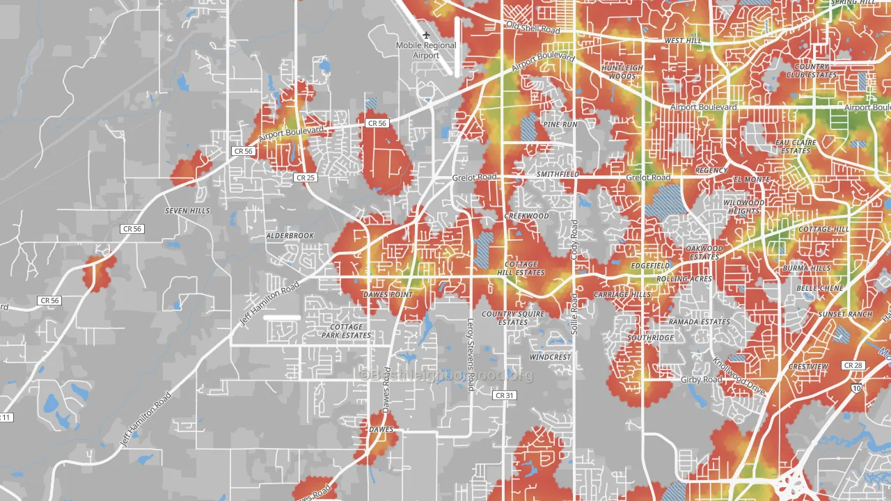 Walk Grade map of 36695, AL, walkable areas in green and car-dependent areas in red
