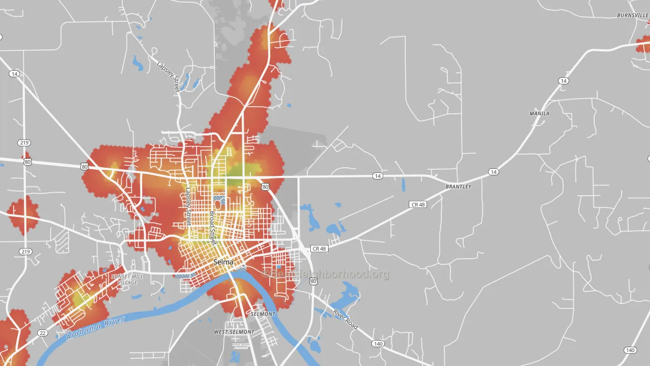 Walk Grade map of 36703, AL, walkable areas in green and car-dependent areas in red