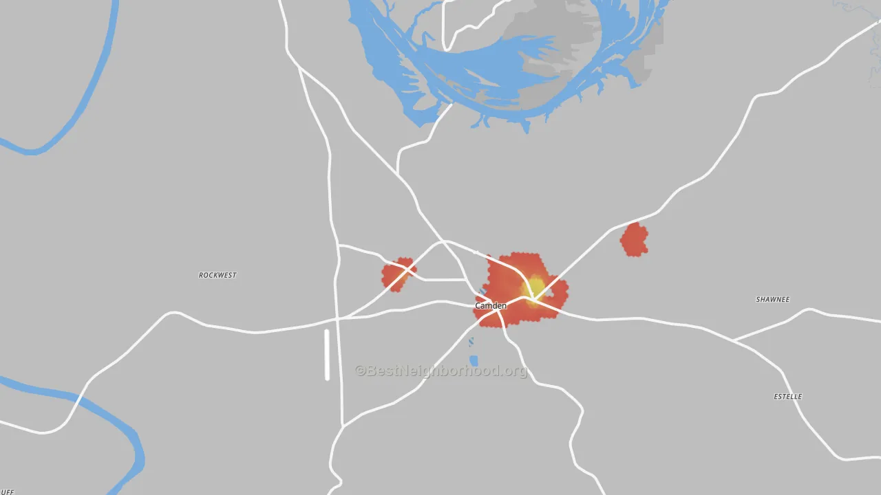Walk Grade map of 36726, AL, walkable areas in green and car-dependent areas in red