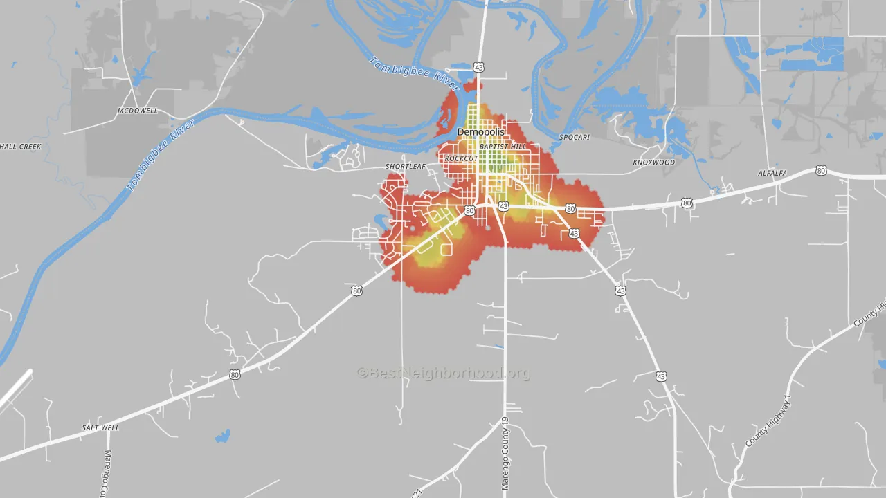 Walk Grade map of 36732, AL, walkable areas in green and car-dependent areas in red