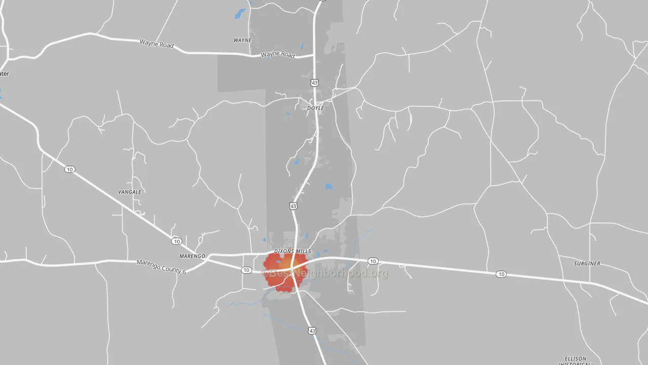 Walk Grade map of 36736, AL, walkable areas in green and car-dependent areas in red