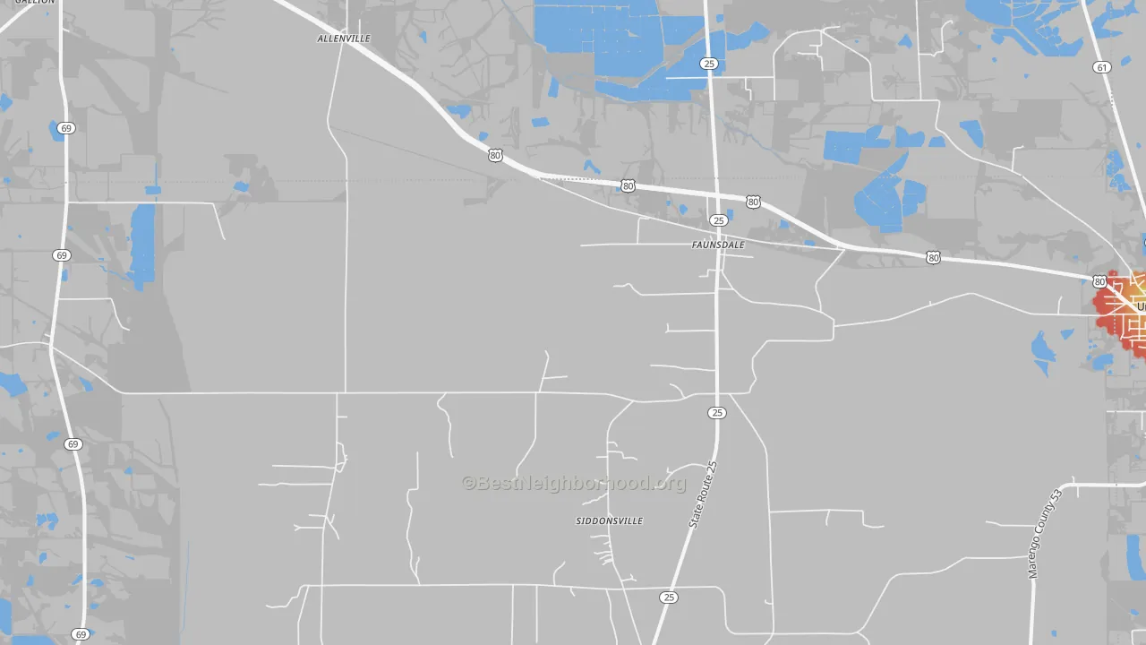 Walk Grade map of 36738, AL, walkable areas in green and car-dependent areas in red