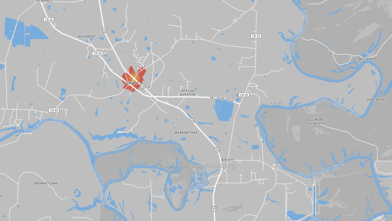Walk Grade map of 36740, AL, walkable areas in green and car-dependent areas in red