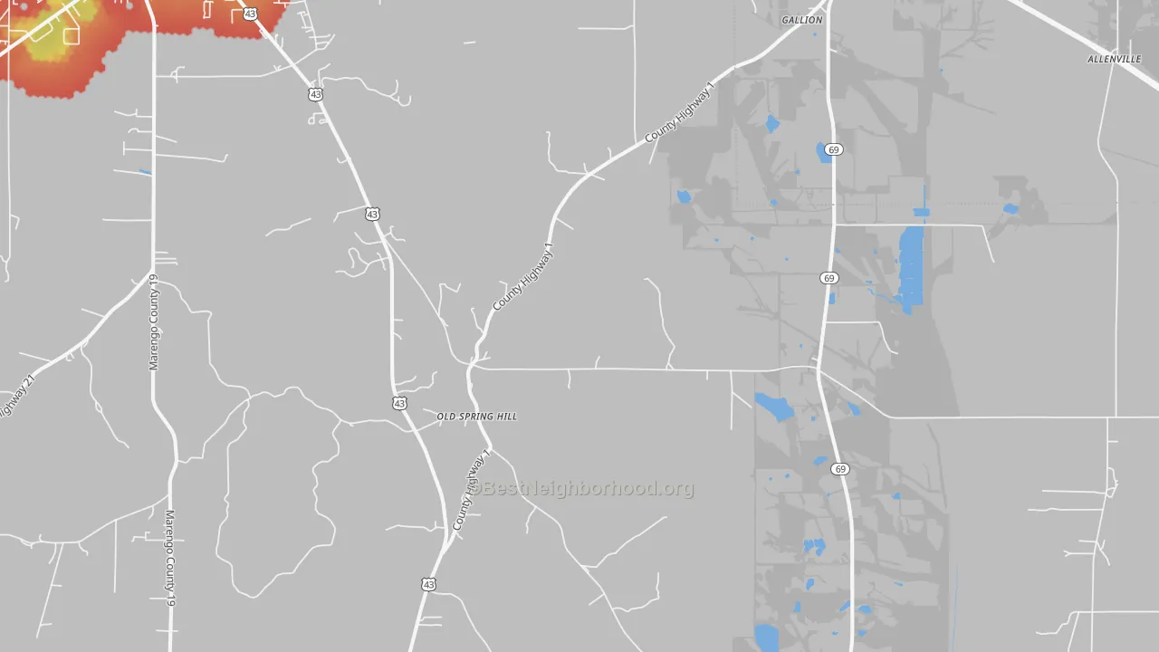 Walk Grade map of 36742, AL, walkable areas in green and car-dependent areas in red