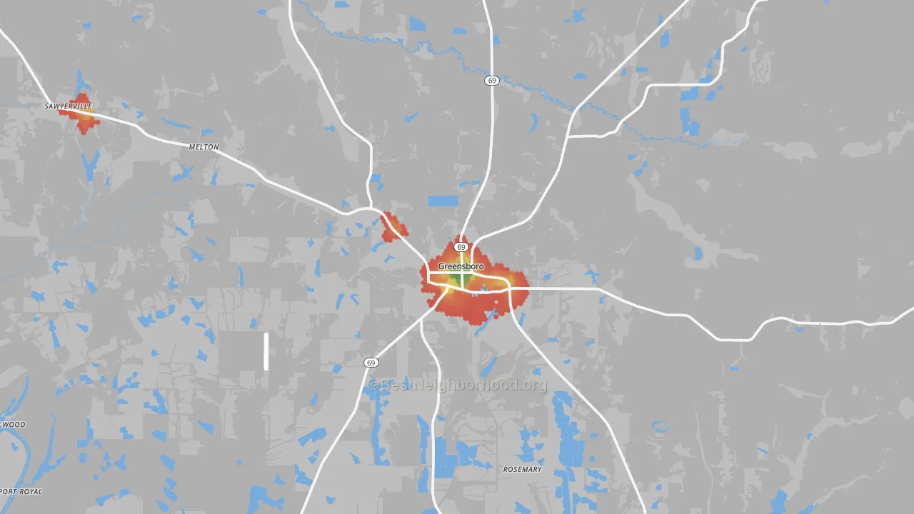 Walk Grade map of 36744, AL, walkable areas in green and car-dependent areas in red