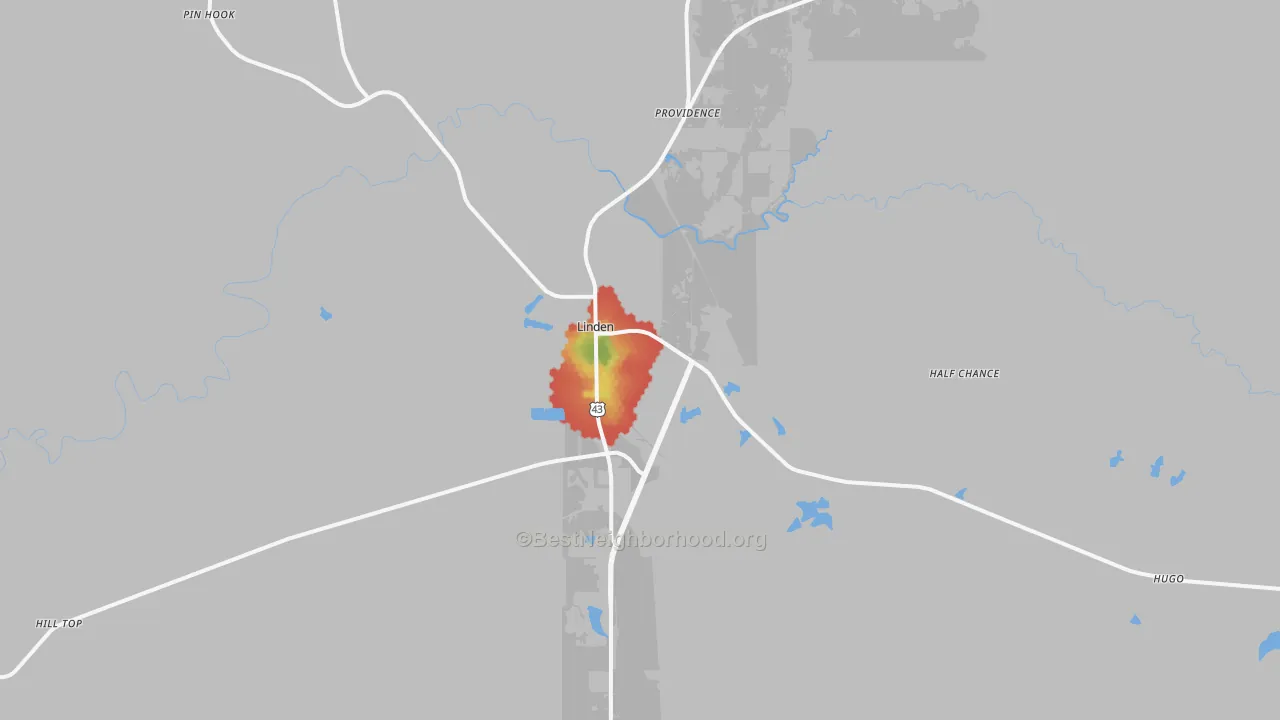 Walk Grade map of 36748, AL, walkable areas in green and car-dependent areas in red