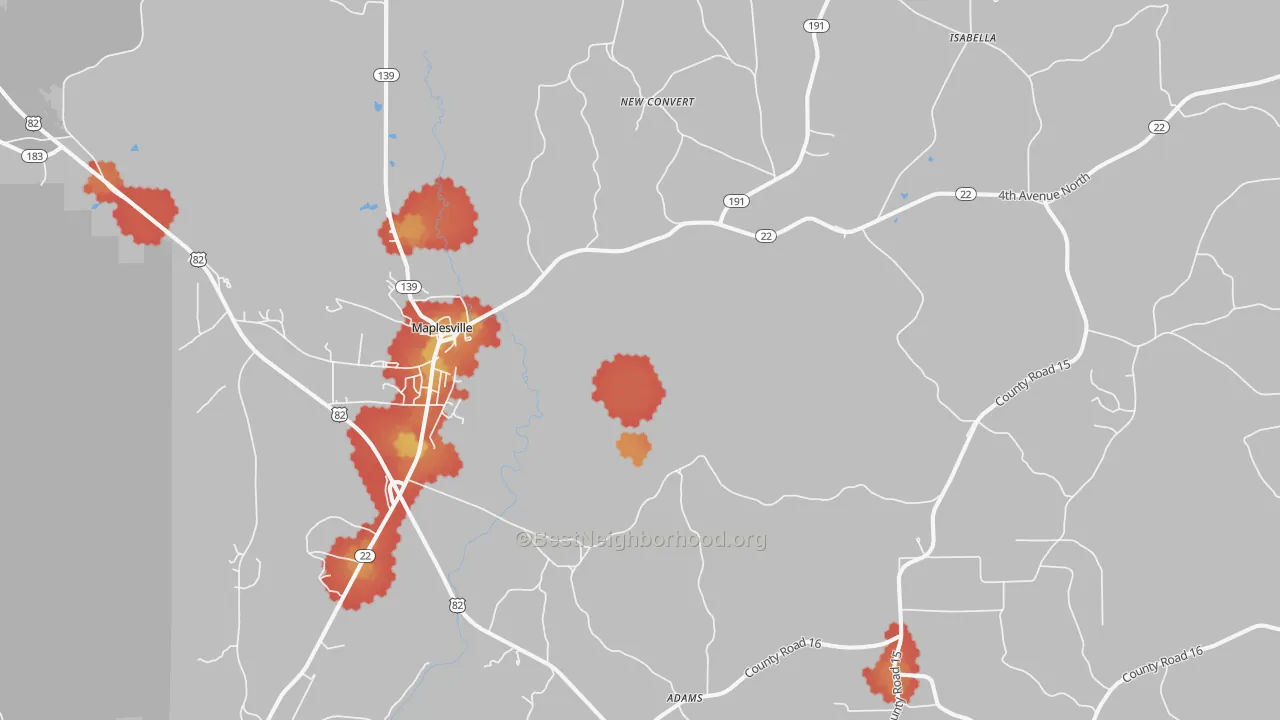 Walk Grade map of 36750, AL, walkable areas in green and car-dependent areas in red