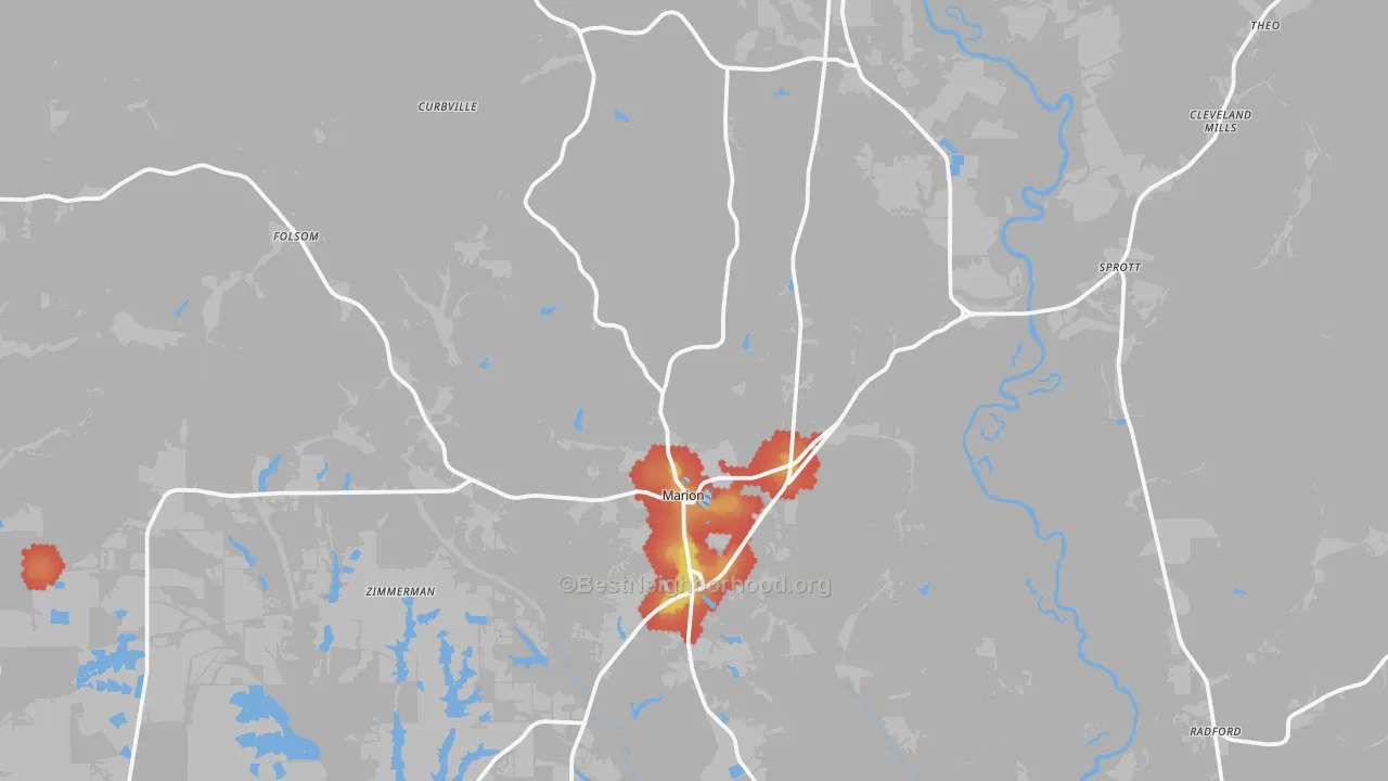 Walk Grade map of 36756, AL, walkable areas in green and car-dependent areas in red