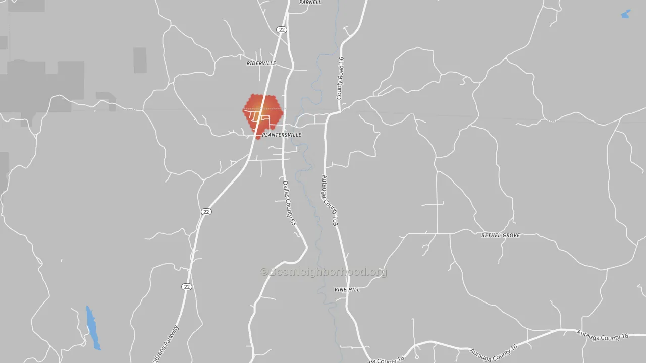 Walk Grade map of 36758, AL, walkable areas in green and car-dependent areas in red