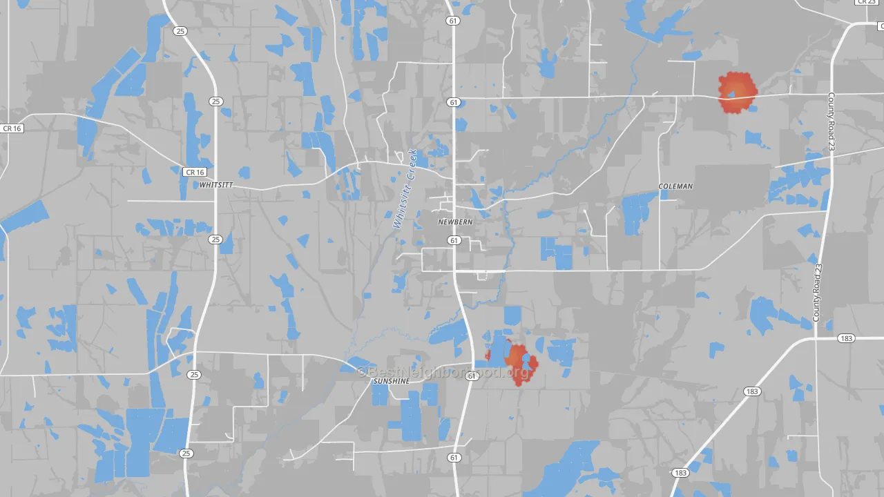 Walk Grade map of 36765, AL, walkable areas in green and car-dependent areas in red