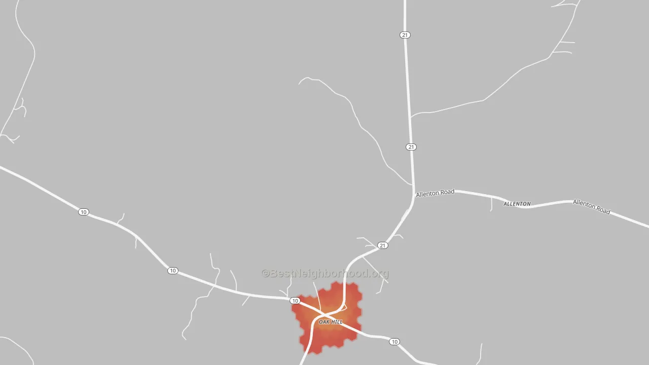 Walk Grade map of 36766, AL, walkable areas in green and car-dependent areas in red