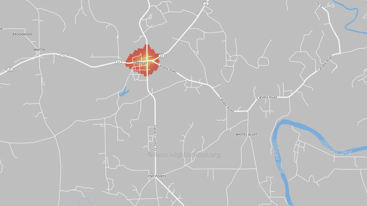 Walk Grade map of 36767, AL, walkable areas in green and car-dependent areas in red