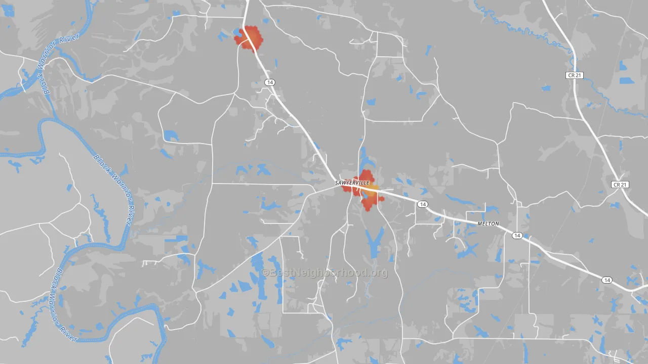 Walk Grade map of 36776, AL, walkable areas in green and car-dependent areas in red