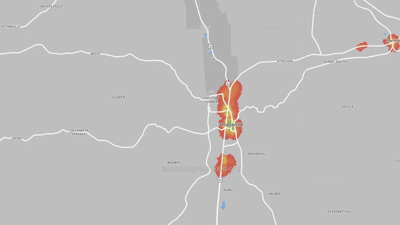 Walk Grade map of 36784, AL, walkable areas in green and car-dependent areas in red