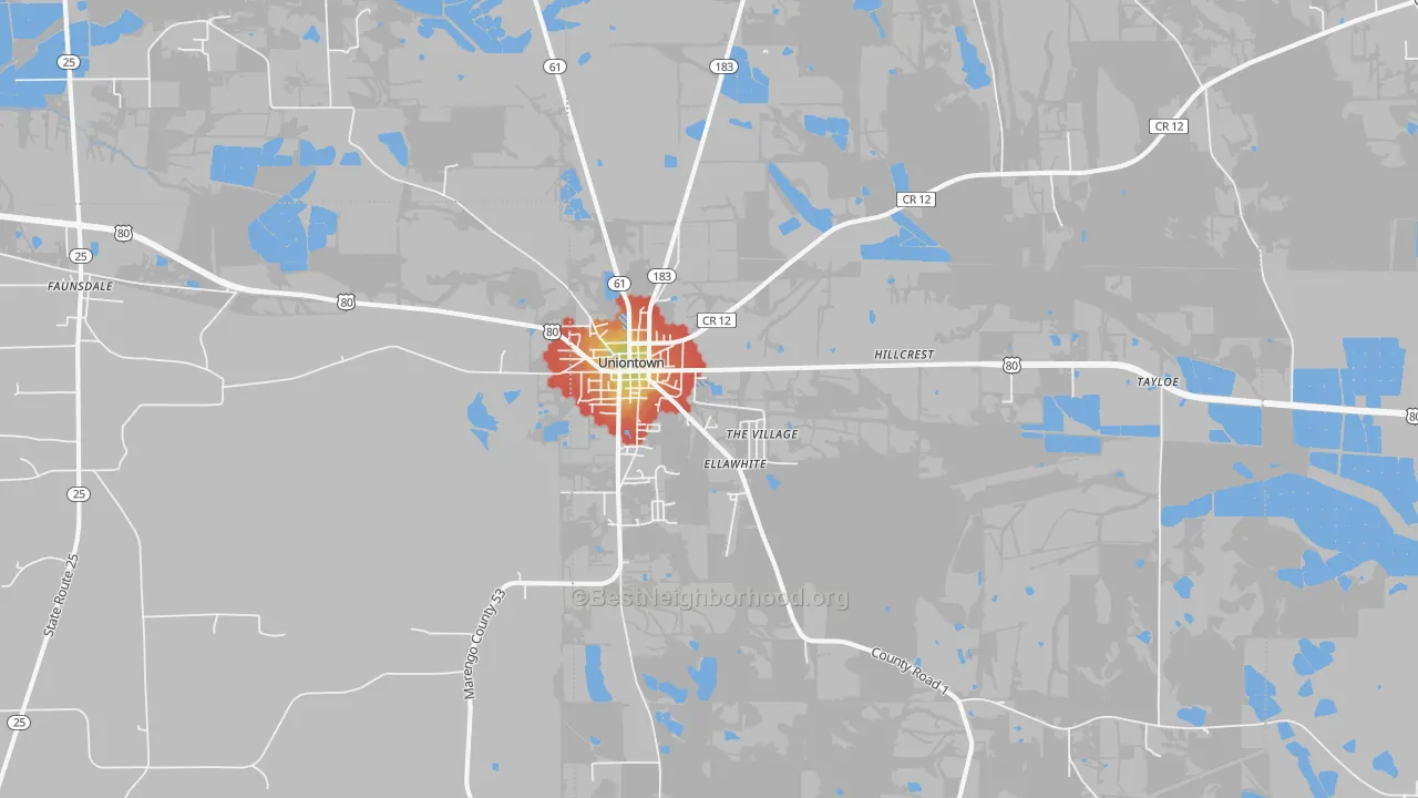Walk Grade map of 36786, AL, walkable areas in green and car-dependent areas in red