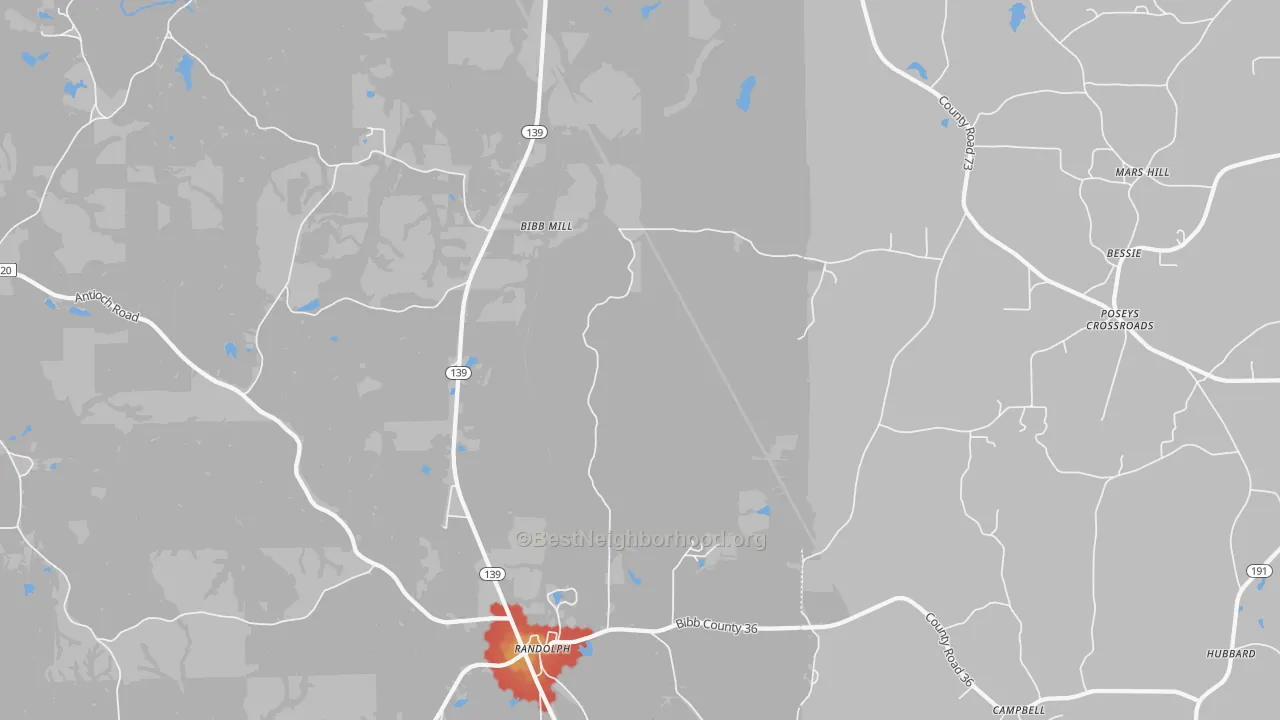 Walk Grade map of 36792, AL, walkable areas in green and car-dependent areas in red
