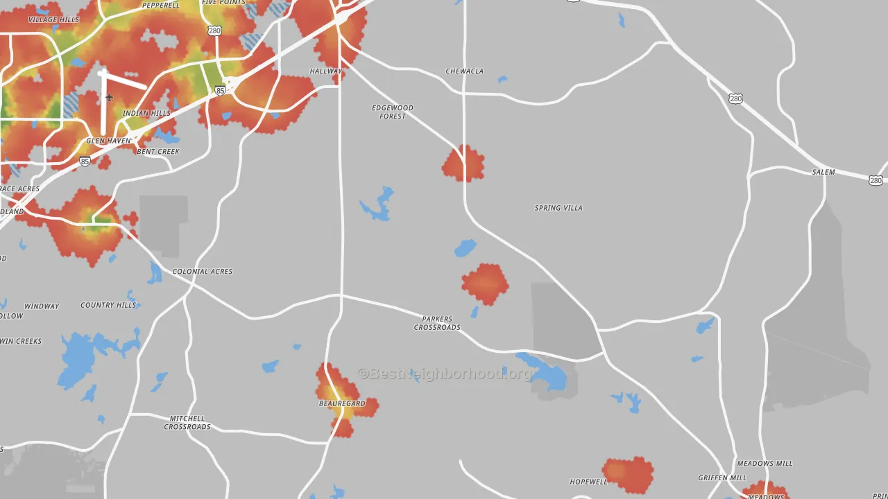 Walk Grade map of 36804, AL, walkable areas in green and car-dependent areas in red