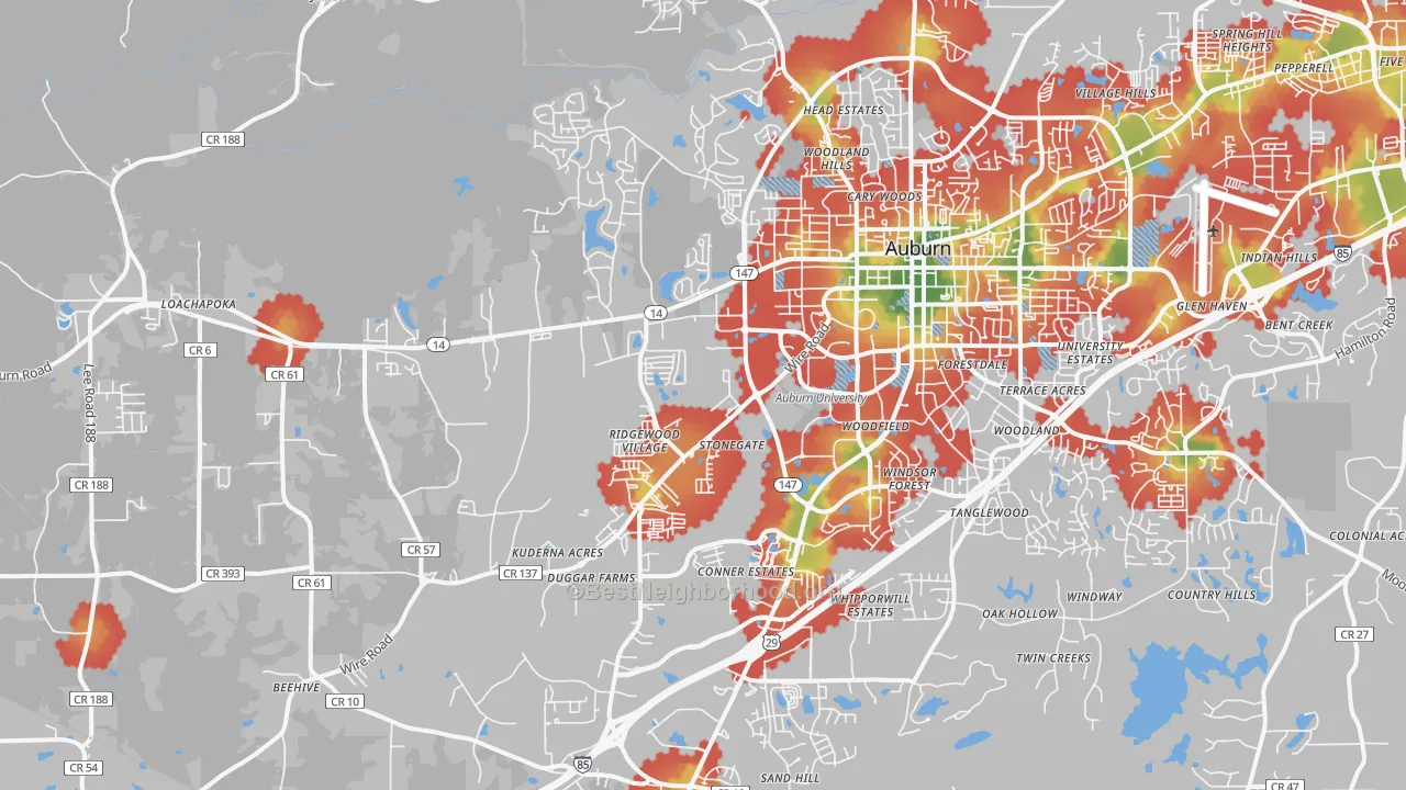 Walk Grade map of 36832, AL, walkable areas in green and car-dependent areas in red