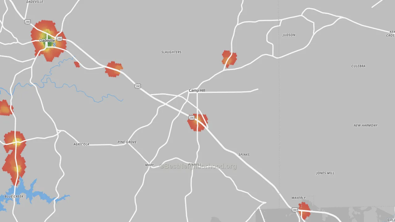 Walk Grade map of 36850, AL, walkable areas in green and car-dependent areas in red