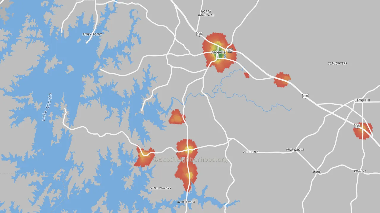 Walk Grade map of 36853, AL, walkable areas in green and car-dependent areas in red