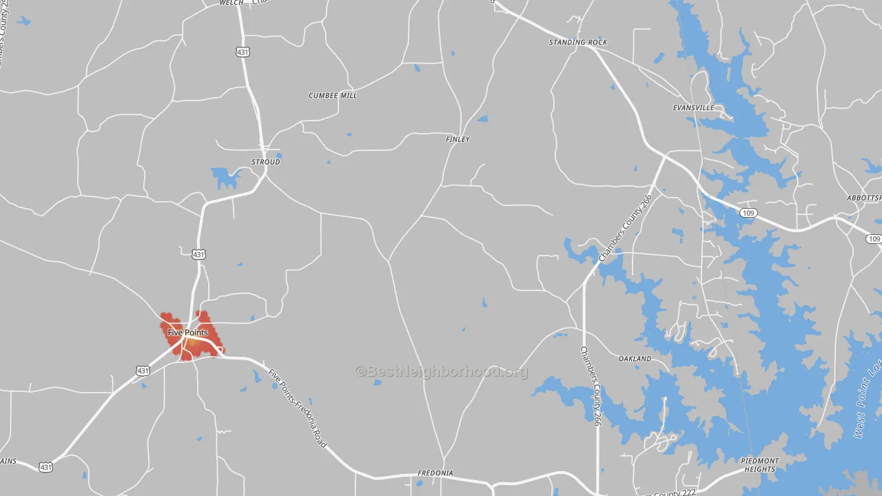 Walk Grade map of 36855, AL, walkable areas in green and car-dependent areas in red