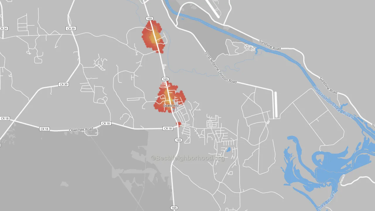Walk Grade map of 36856, AL, walkable areas in green and car-dependent areas in red