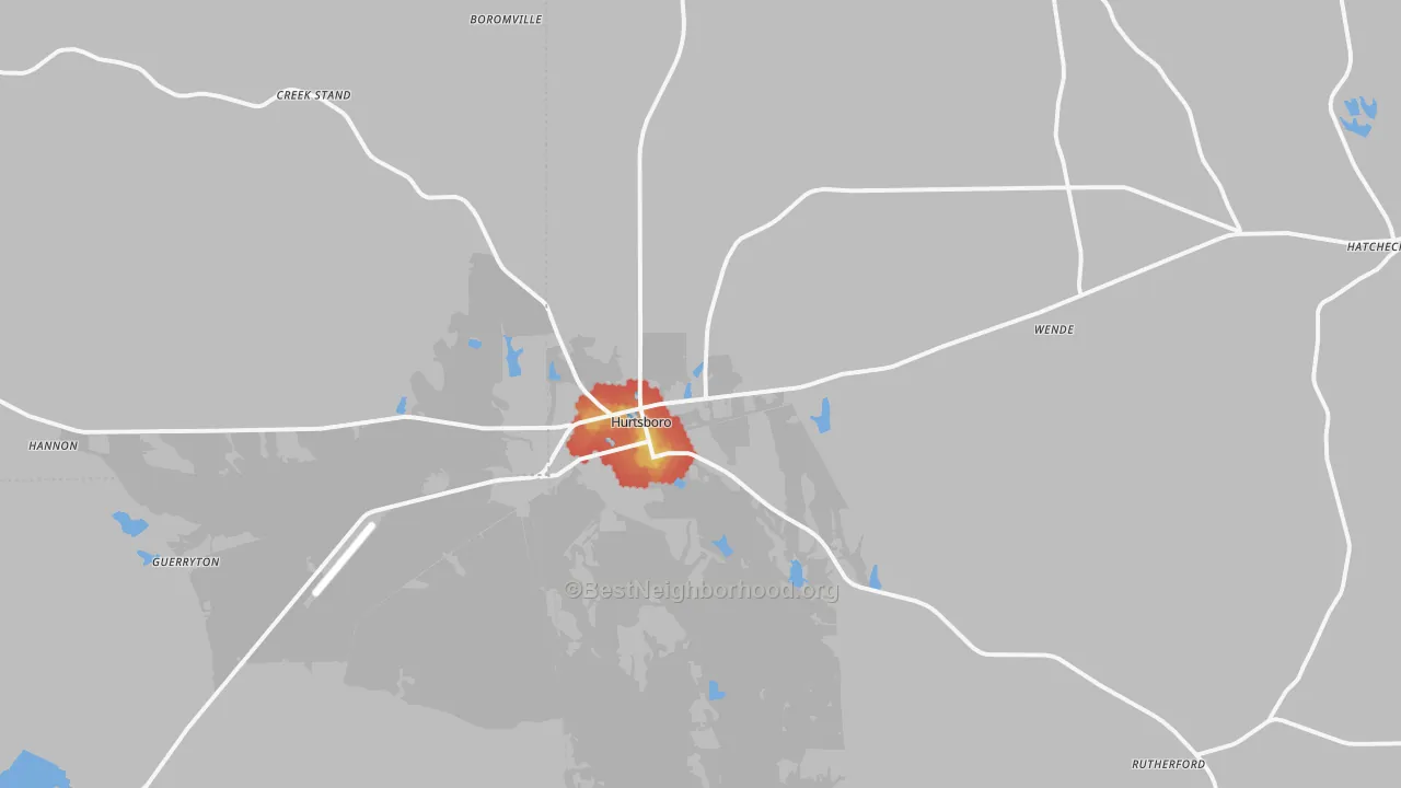 Walk Grade map of 36860, AL, walkable areas in green and car-dependent areas in red