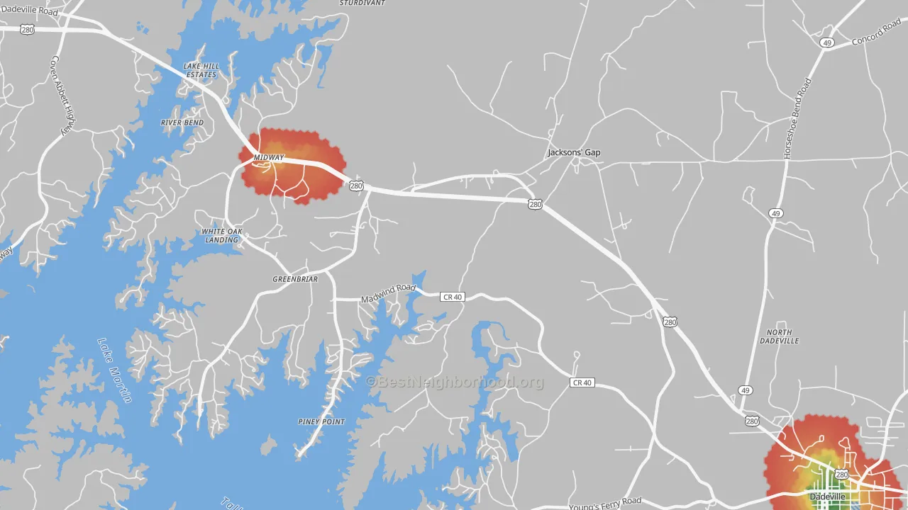 Walk Grade map of 36861, AL, walkable areas in green and car-dependent areas in red