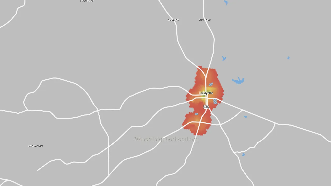 Walk Grade map of 36862, AL, walkable areas in green and car-dependent areas in red