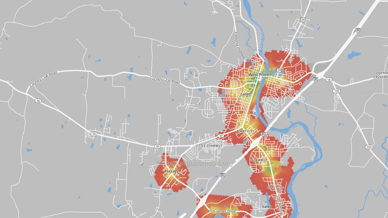 Walk Grade map of 36863, AL, walkable areas in green and car-dependent areas in red