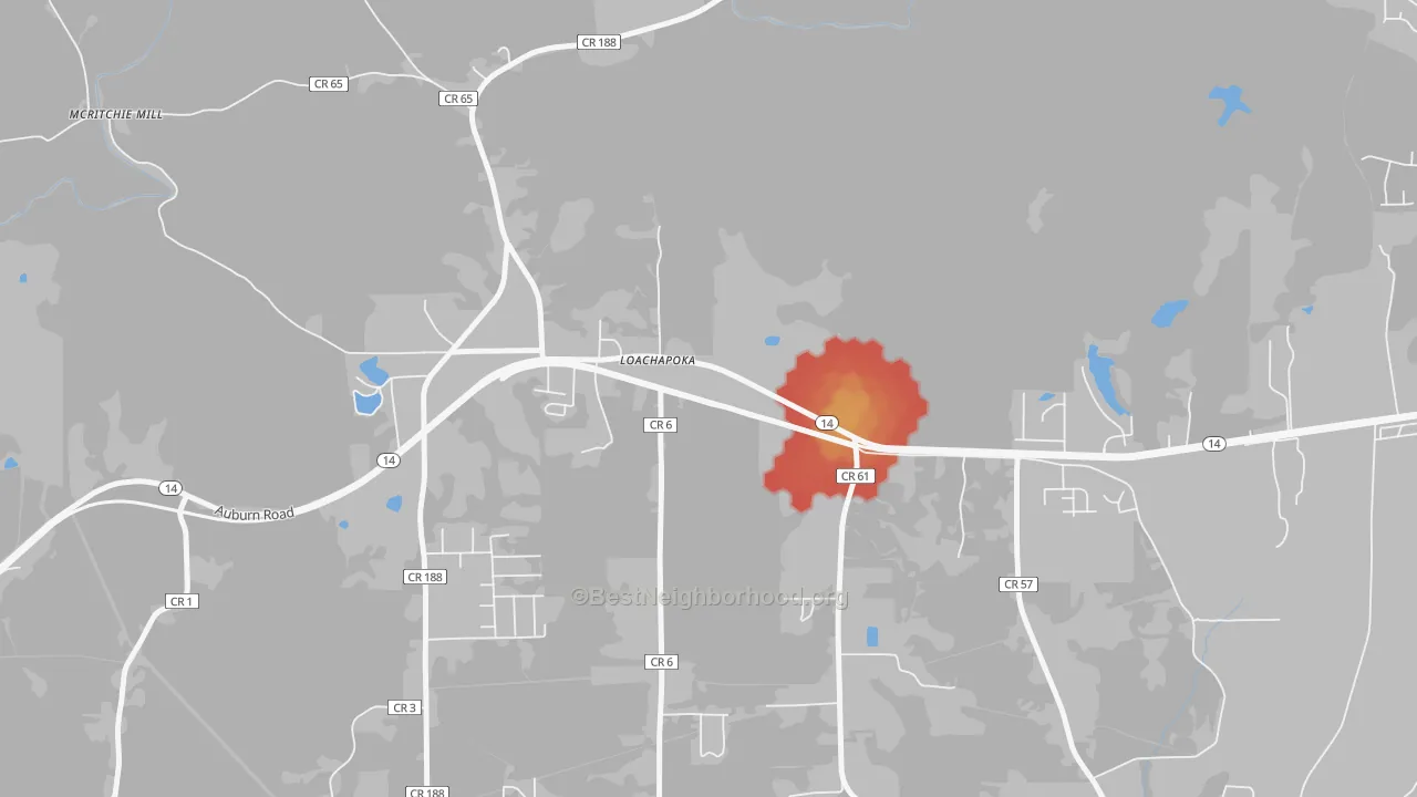 Walk Grade map of 36865, AL, walkable areas in green and car-dependent areas in red