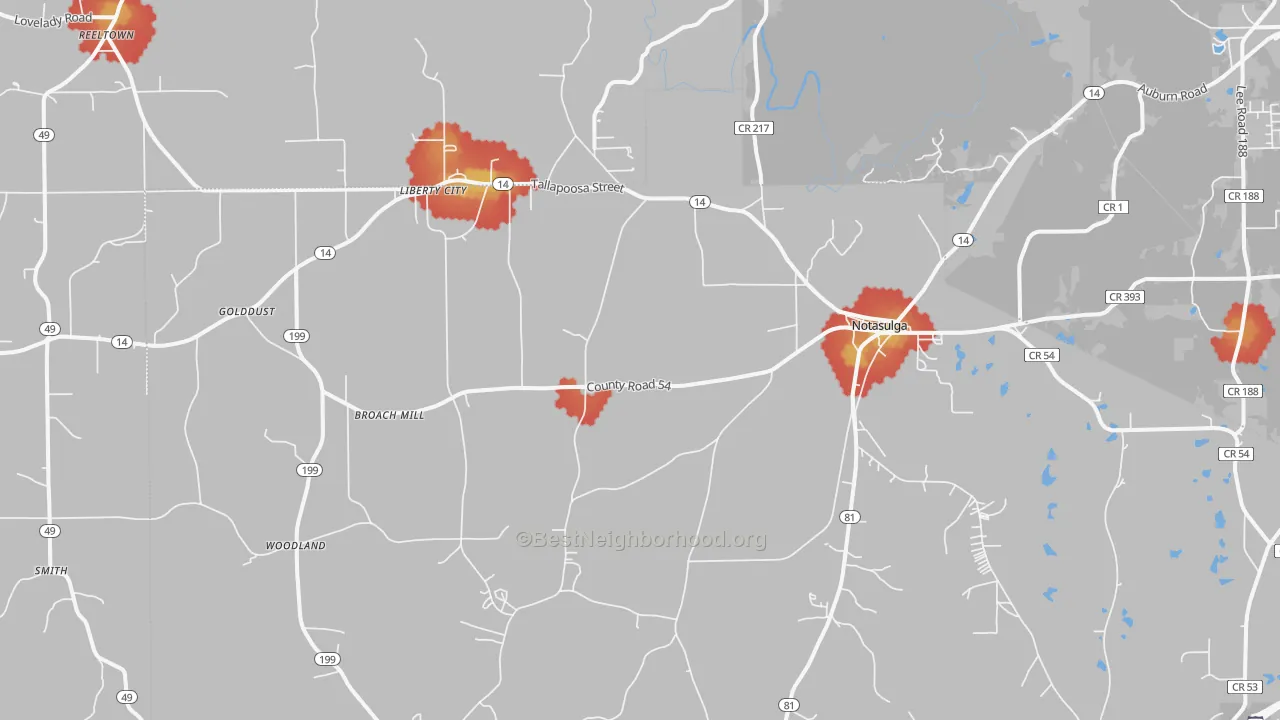 Walk Grade map of 36866, AL, walkable areas in green and car-dependent areas in red