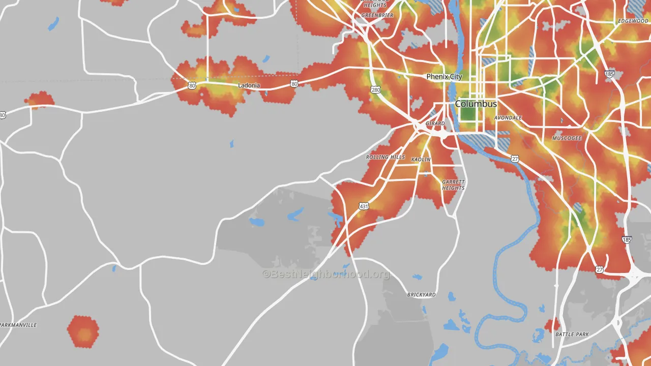 Walk Grade map of 36869, AL, walkable areas in green and car-dependent areas in red