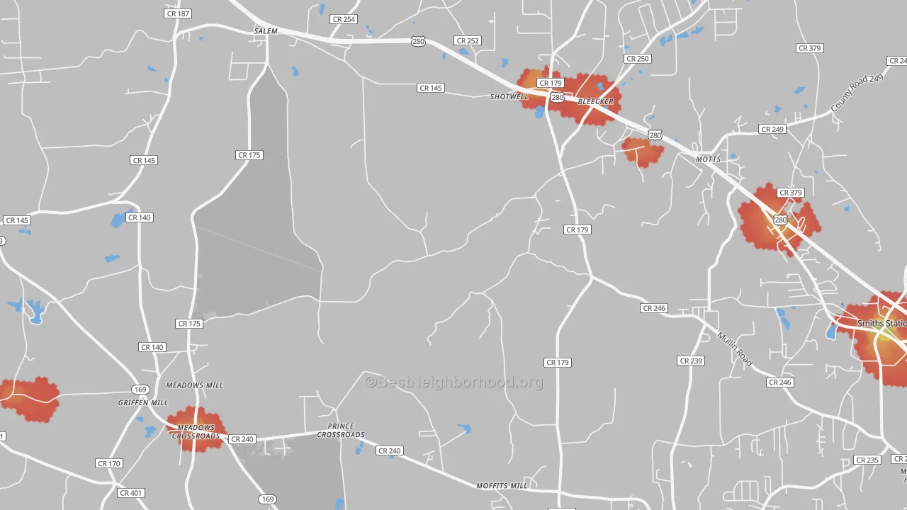 Walk Grade map of 36874, AL, walkable areas in green and car-dependent areas in red