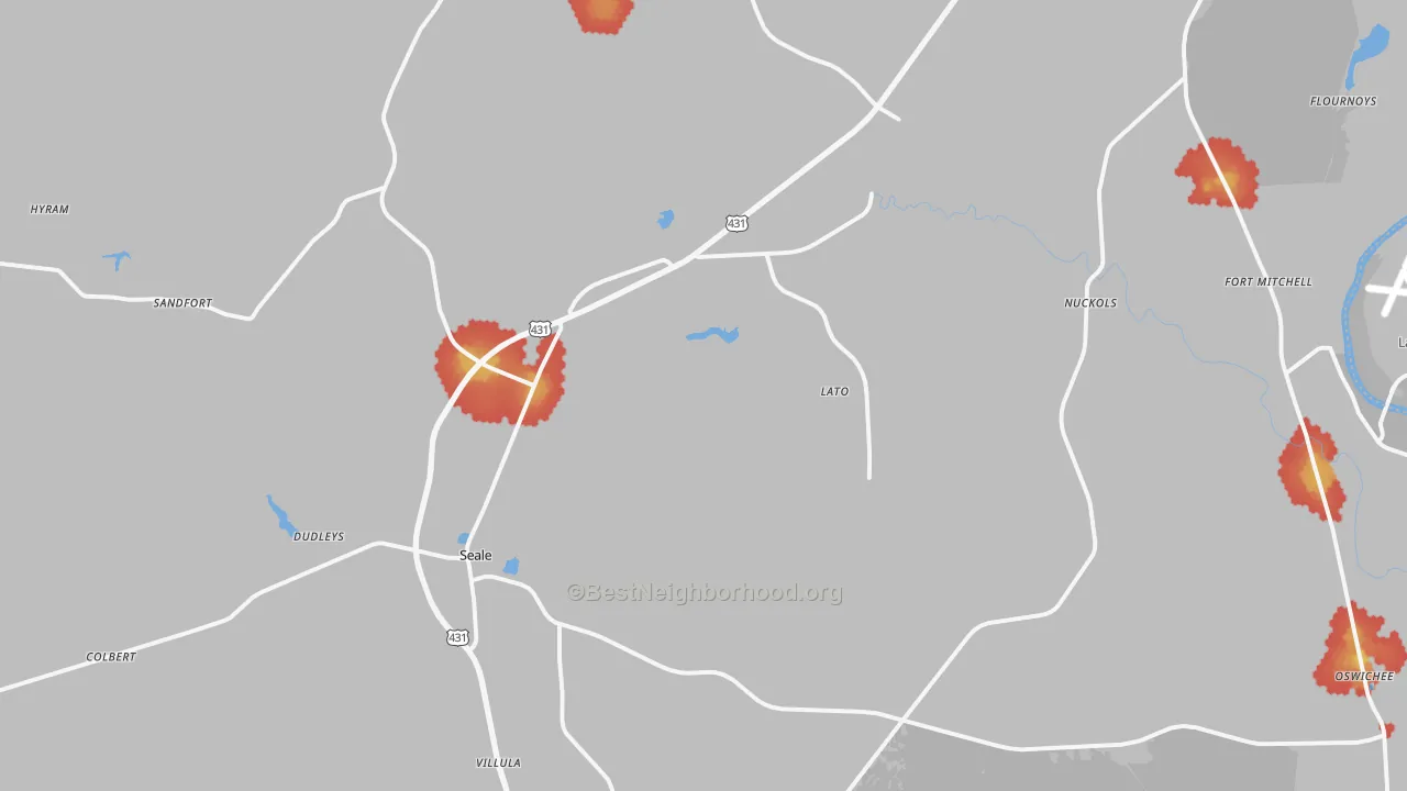 Walk Grade map of 36875, AL, walkable areas in green and car-dependent areas in red