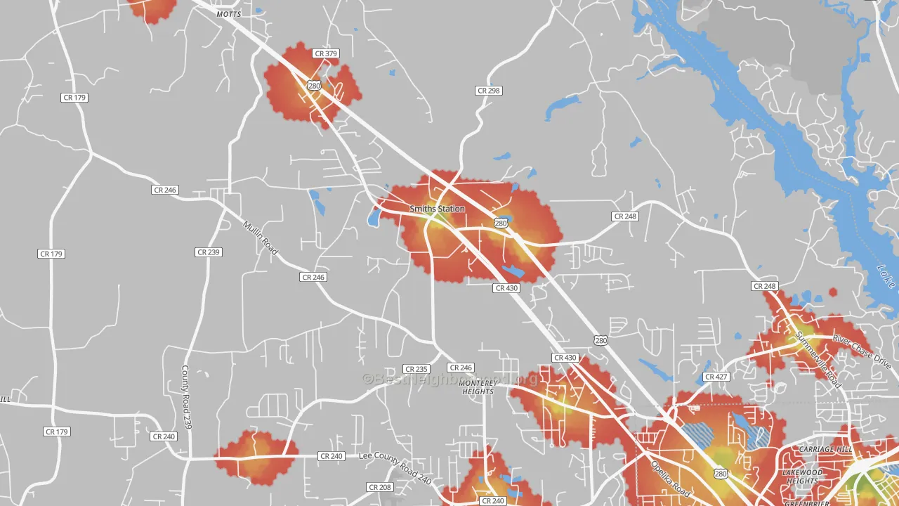 Walk Grade map of 36877, AL, walkable areas in green and car-dependent areas in red