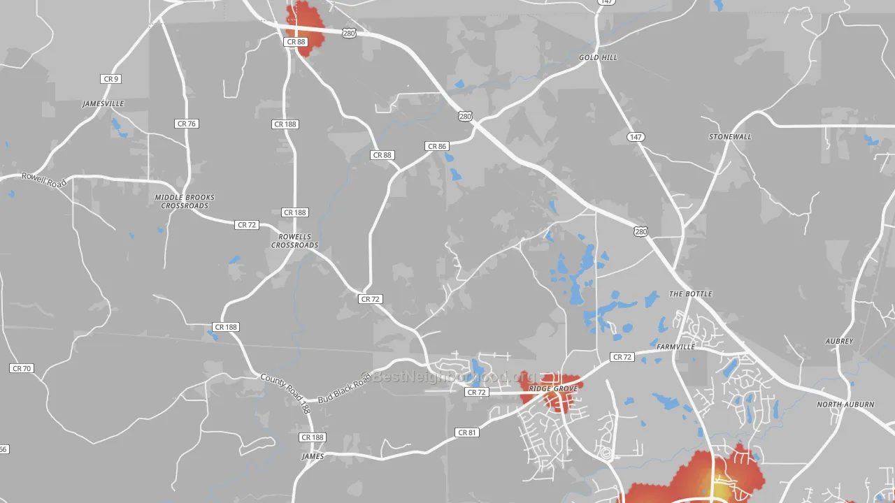 Walk Grade map of 36879, AL, walkable areas in green and car-dependent areas in red